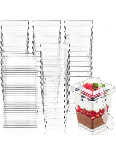 100/60 piezas Vasos cuadrados de plástico transparente de 5 onzas, ideales para pudín, mousse y aperitivos
