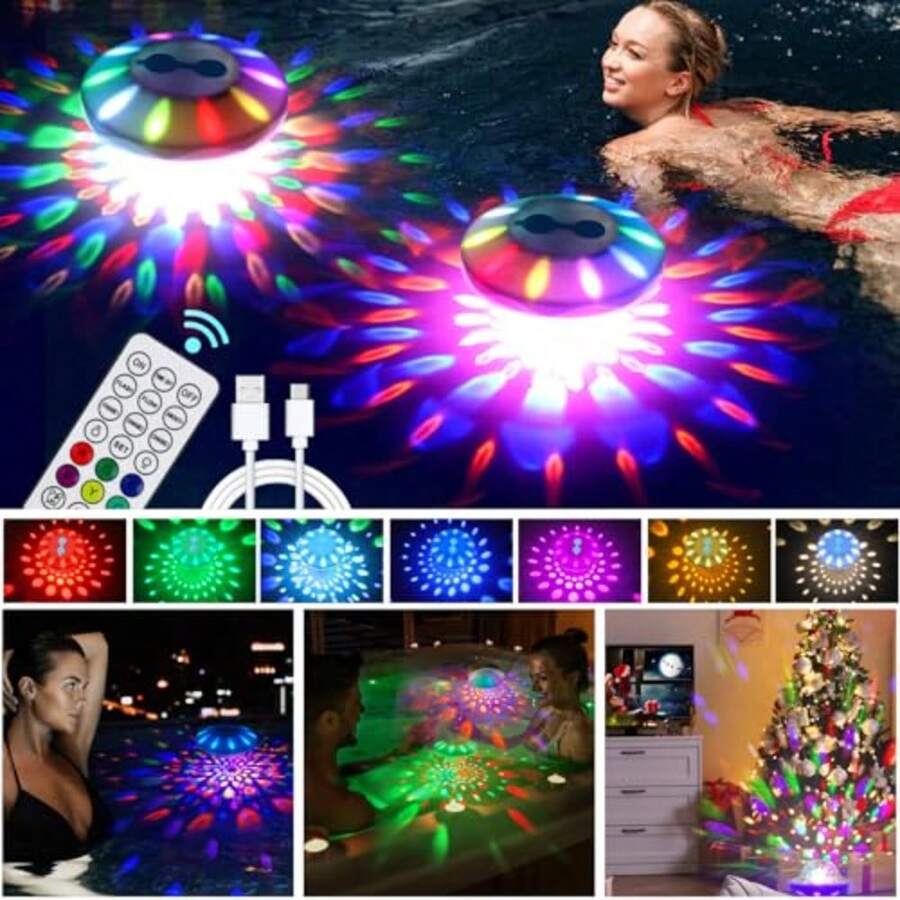 Rechargeable Floating Pool Lights 2 Pack - Pool Light that Float with Vibrant RGB Colors IP68 Waterproof Pool Lights Upper and Lower Color Changing Floating Led Lights for Pond Bathtub and Party - Paquete de 2 - Ver 1