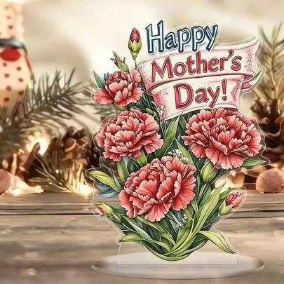 母亲节快乐康乃馨亚克力桌面摆件，粉色花朵亚克力装饰品，送给妈妈的礼物