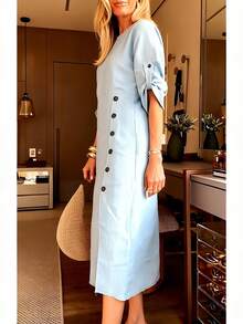 优雅百搭侧开衩纽扣中长连衣裙 - 淺藍色 - 查看 5