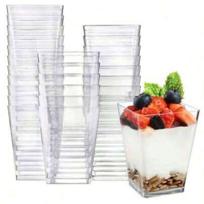 50pcs Premium Square Dessert Cups - Transparent Plastic Pudding Cups, Reusable, Ideal For Yogurt, Fruit, Mousse And Mini Desserts - Elegant Serving Solution For Events And Everyday Use
