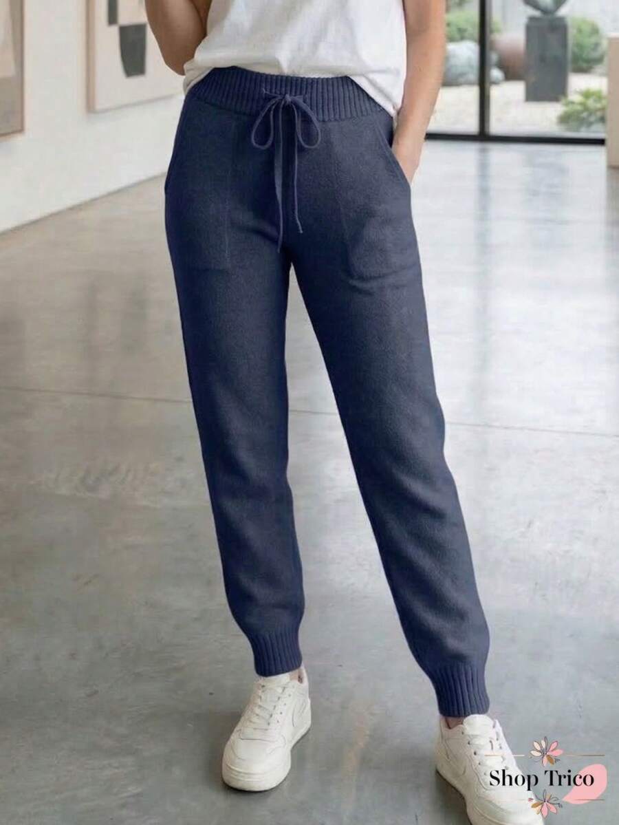 Women's Knit Pants With Ribbed Hem, Tie Waistband With Elastic, Knit Fabric, Autumn/Winter Fashion - Màu xanh hải quân - Xem 1