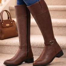 Women's High-Top Riding Boot With Texture, Classic Style, Elegant, Casual, Chic And Stylish, For Autumn/Winter - Capuchino - Ver 4
