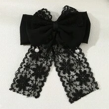 1个女士优雅蕾丝珍珠蝴蝶结发夹，黑色，适合春夏日常休闲佩戴 - 黑色 - 查看 8