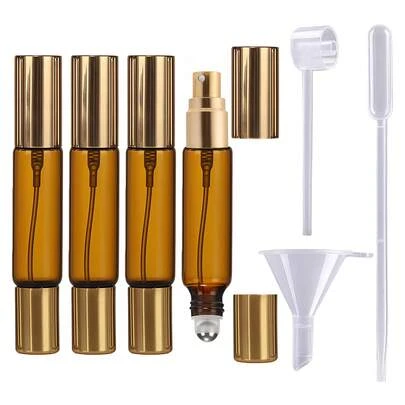 4 件套 10ml 双头琥珀色香水瓶，带滚珠和喷雾，可重复灌装防漏空旅行喷雾器套装，便携迷你旅行装香水喷雾瓶容器，带漏斗工具