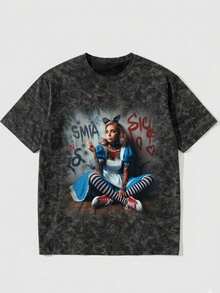 2026 “黑暗爱丽丝”仙境图案T恤，常规版型复古颓废风T恤，舒适酸洗短袖上衣，独特的哥特街头风，Pinterest 时尚休闲黑色夏季款 - 黑色 - 查看 3