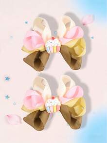 2pcs Macaron Color Polyester Cupcake Bow Hair Clips, Multi-Layer Hair Bows For Girls,Sweet Cute Style Hair Accessories, Suitable For Teens Daily Wear And Birthday Parties Hairpin - Multicolor - View 6