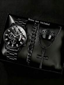 4件套男士不锈钢手链手表，日历功能，混合刻度圆形表盘，休闲嘻哈十字架项链和戒指首饰套装，适合日常佩戴或作为礼物 - 黑色 - 查看 1