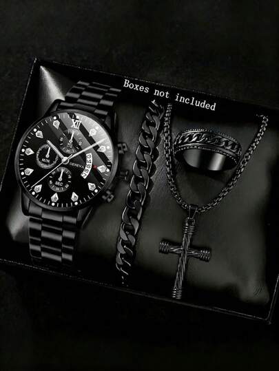 4件套男士不锈钢手链手表，日历功能，混合刻度圆形表盘，休闲嘻哈十字架项链和戒指首饰套装，适合日常佩戴或作为礼物
