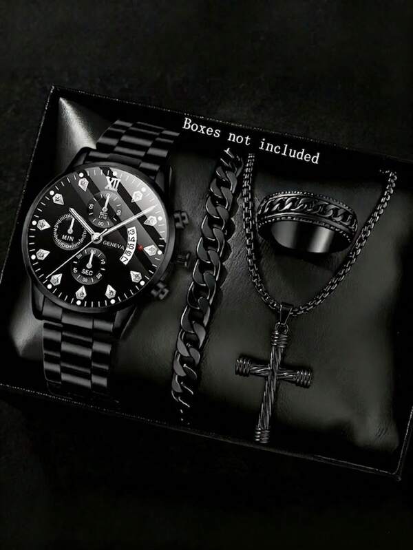 Set de 4 piezas: Reloj pulsera de acero inoxidable para hombre con función de calendario y esfera redonda de escala mixta, collar cruzado casual de estilo hip hop y juego de joyas con anillo, adecuado para uso diario o como regalo