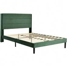 Upholstered Bed 140 X 200 Cm, Bed Frame With Slatted Base And Headboard, Upholstered Double Bed, Dark Green Velvet Fabric Cover, Timeless Modern Design, Youth Bed - Green - View 9