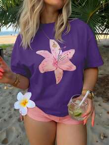1pcs Plus Size Women's Loose, Drop-Shoulder Fit 100% Cotton T-Shirt, Printed With Watercolor Pink Lily Designs, Perfect For Summer Beach, Tropical Vacation, And Music Festival Outfits, Creating A Fresh Bohemian Style - 紫羅蘭色 - 查看 11