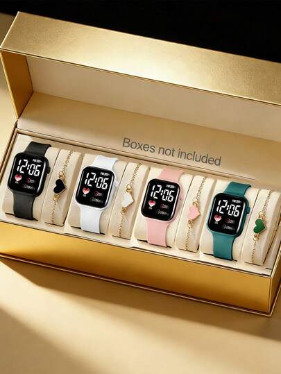 8pcs/Set Cute Pink & Multi-Color Women's Sports Digital Watch, Heart Shape Display, Accurate Time, Cartoon Pattern LED Wristwatch, Suitable For Travel, Outdoor, Daily Wear