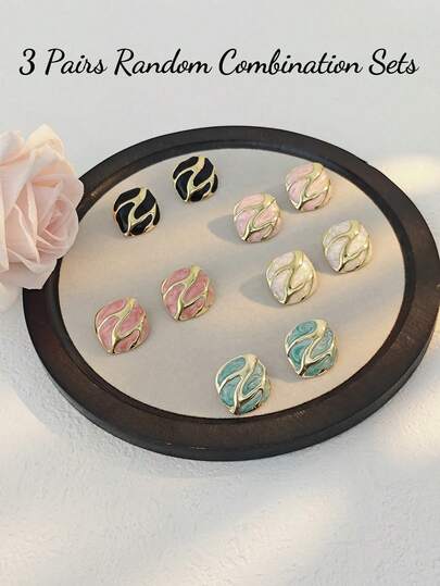 3 Pairs Random Assorted Women's Earrings, Elegant Enamel Square & Round Stud Earrings In White, Rose Red, Pink, Stainless Steel Jewelry With Personalized, Waterproof & Fade-Resistant, Suitable For Swimwear, Beach Vacation, Attractive Outfit Accessories, Wedding Dress Decoration - Multifunctional Jewelry For Swimming, Bathing, Workout, Great For Daily Wear, Parties, Valentine's Day, Mother's Day, Easter Gifts, And Holiday Surprises