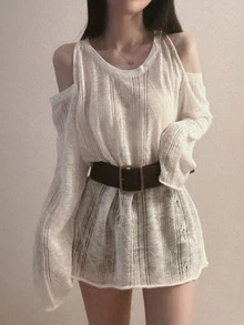 Cubre con hombros abiertos, calado y manga larga, de corte holgado y ligero (sin cinturón) en color blanco para mujer - Blanco - Ver 4