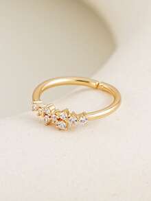 1pc Elegant Cubic Zirconia Inlaid Adjustable Open Ring, Suitable For Women's Daily, Dating, Work, Copper Jewelry, Holiday Gift - Yellow Gold - View 4