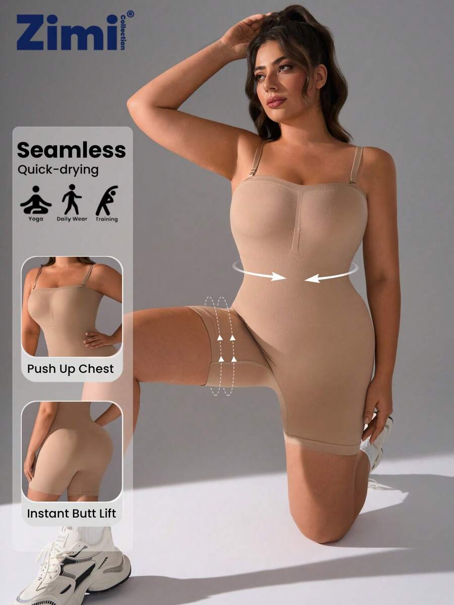 Zimi Collection Jumpsuit Pembentuk Tubuh Tanpa Jahitan Ukuran Plus, Pengontrol Perut, Pengangkat Bokong, Pakaian Satu Potong untuk Kebugaran, Yoga, dan Kasual - Aprikot - View 1