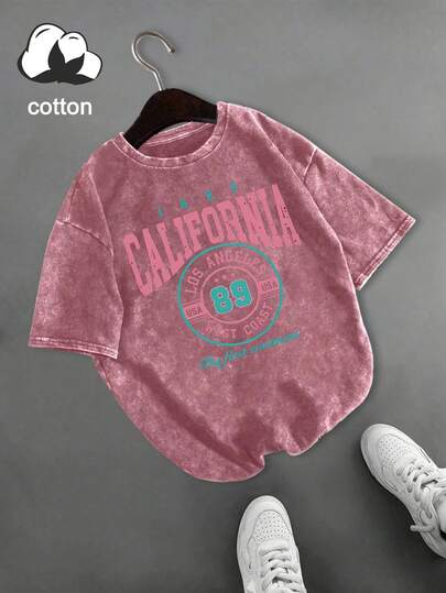Plus Size Women's Casual Los Angeles 89 West Coast USA 1889 Vintage Graphic Round Neck Short Sleeve T-Shirt, Back To School Summer Outfit, Summer Clothing, Summer Vacation Wear, Summer Tops