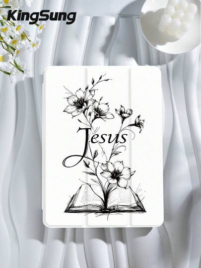 Kingsung 耶稣黑色线条书本花卉图案平板电脑保护套，兼容 iPad 9.7/10.2/10.5/10.9/12.9/Pro 11（第十代），兼容三星 Galaxy Tab S6 Lite 10.4 英寸，兼容 Kindle Paperwhite（第十二代，2024 年款）、Kindle（第十一代，2022 年款）、Kobo Clara Color，轻柔防摔，智能立放/自动唤醒/睡眠功能
