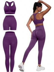 3 Piece Workout Sets For Women Butt Lifting Leggings With High Impact Sports Bra Gym Shorts - 紫色 - 查看 12
