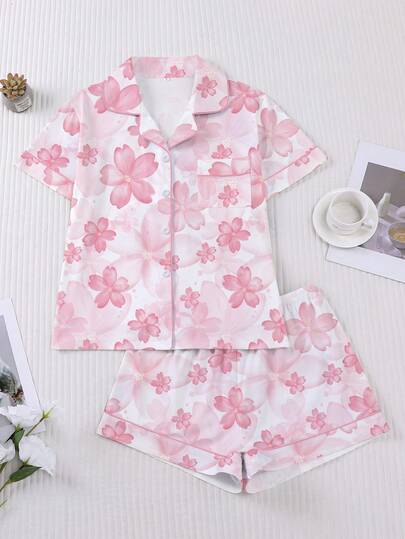 2pcs Spring/Summer Women's Sleepwear Set, Botanical Floral Print, Romantic Gift, Comfortable Shirt Collar Short Sleeve Top And Elastic Waist Shorts, Suitable For Lounging, Parties, And Casual Outdoor Wear