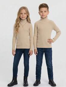 Girls' And Boys' Unisex Long-Sleeved High Neck Ribbed Blouse - Comfortable, Sizes 1 To 8 Years - 米色 - 查看 2