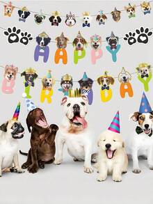 Conjunto de Decorações de Aniversário com Tema de Cachorro e Gato, Faixa de Aniversário e Decorações de Cupcake, Decorações de Festa de Aniversário de Animais de Estimação, Bandeirolas Fofas com Rosto de Filhote de Cachorro, Decoração com Pegadas, Topo de Bolo de Aniversário de Cachorro, Suprimentos de Festa de Aniversário de Amantes de Animais de Estimação para Crianças e Cachorros - A - Visão 1