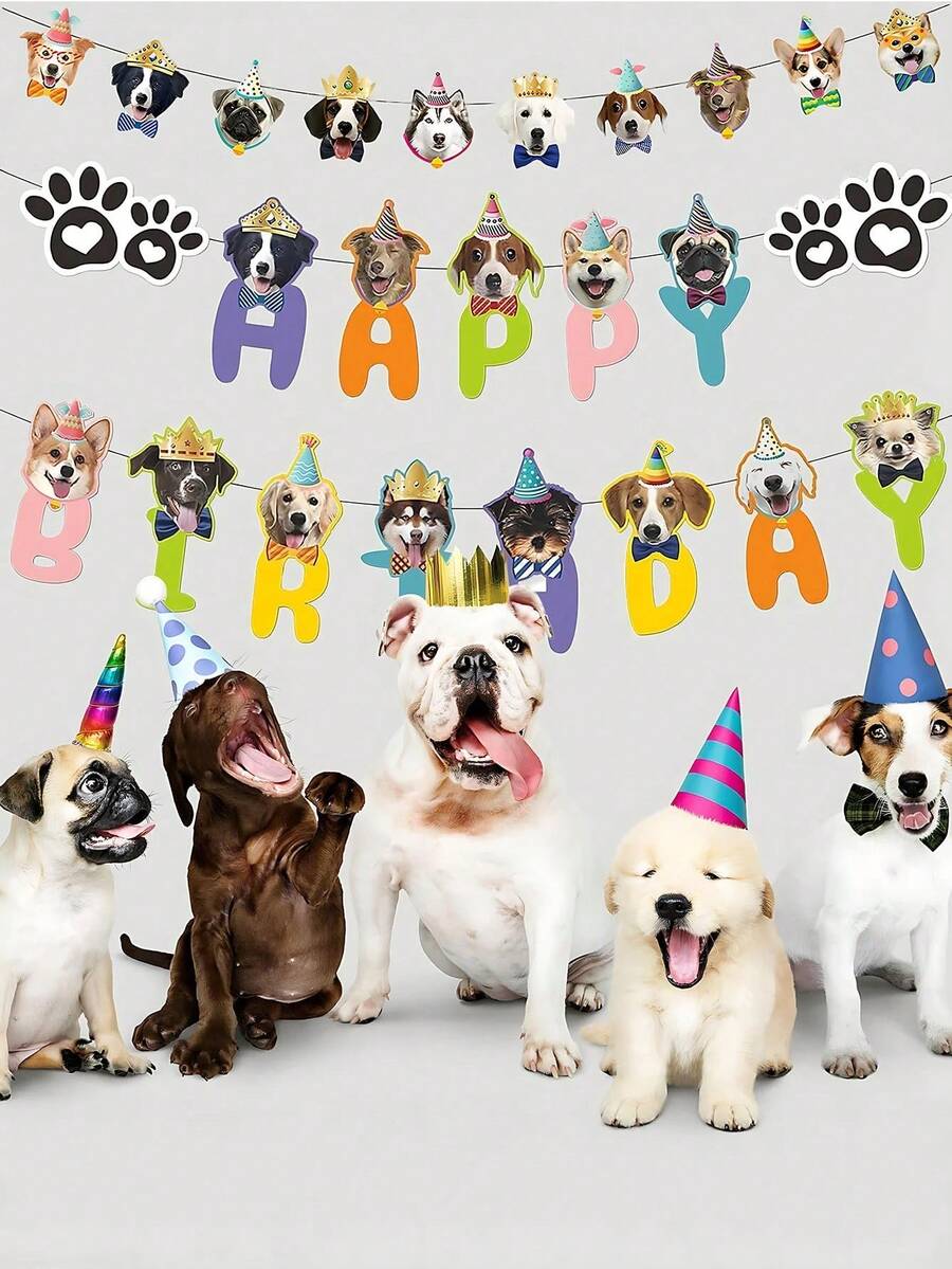 Conjunto de Decorações de Aniversário com Tema de Cachorro e Gato, Faixa de Aniversário e Decorações de Cupcake, Decorações de Festa de Aniversário de Animais de Estimação, Bandeirolas Fofas com Rosto de Filhote de Cachorro, Decoração com Pegadas, Topo de Bolo de Aniversário de Cachorro, Suprimentos de Festa de Aniversário de Amantes de Animais de Estimação para Crianças e Cachorros - A - Visão 1