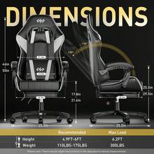 HLDIRECT Gaming Chair, Ergonomic Computer Office Chair With Lumbar Support Footrest Headrest, Adjustable Height & Backrest Angle Video Gamer Chair, PU Leather, 360° Swivel, Adult,Black And White - 黑與白 - 查看 7