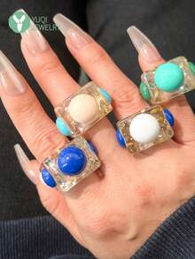 4 chiếc nhẫn nhựa dày màu hổ phách ombre, hình vuông độc đáo, nhẫn mùa hè trong suốt dành cho nữ - Nhiều màu B - Xem 4