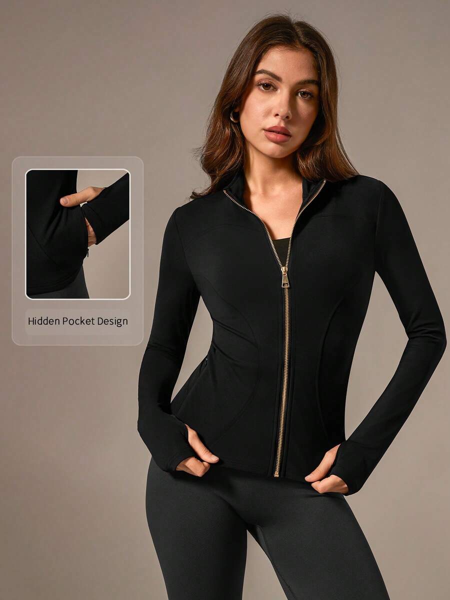 NcmRyu 1pc Women Metal Zipper Stand Collar Thumb Hole Long Sleeve Sports Jacket - màu đen - Xem 1