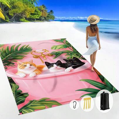 1pc 185*235CM Waterproof & Sand-Proof Beach Blanket With Cute Cat Bathing Print, Suitable For 2-3 People Outdoor Leisure Beach, Camping, Picnic, Lightweight & Durable
