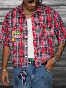 男士格子扎染图案短袖宽松T恤，红色街头风沙滩假日派对男友礼物，夏季 - 紅色 - 查看 5