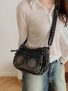 New Casual Chic Soft Jeans Multi-Layer Crossbody Bag With Multiple Pockets, Versatile Commuter Large Capacity Women's Shoulder Bag, Suitable For Work Commuting, Shopping And Traveling. - màu đen - Xem 5