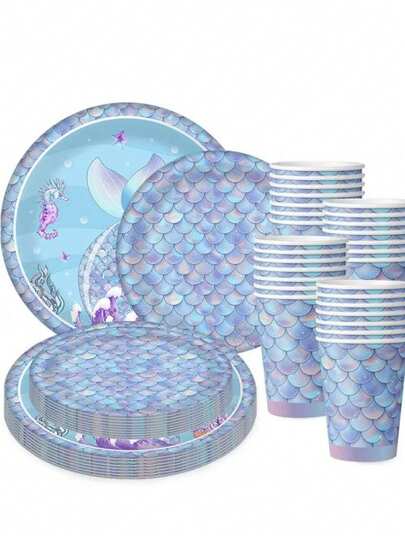 Bộ 10 đĩa và cốc chủ đề nàng tiên cá - Đồ dùng trang trí tiệc theo chủ đề nàng tiên cá, đĩa và khăn ăn 9 inch cho tiệc công chúa bé gái, tiệc mừng em bé, tiệc sinh nhật dưới biển, tiệc chủ đề đại dương - 10 khách