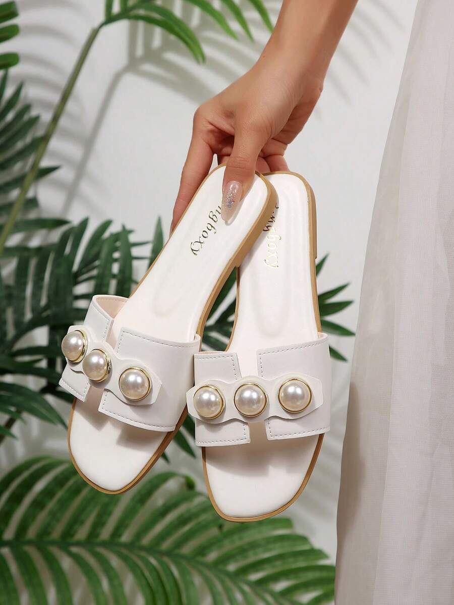 Dép xăng đan đế bằng thời trang nữ mới, kiểu dáng casual, thích hợp đi biển, màu trơn, họa tiết hoa phong cách Bohemian, có khóa cài. - trắng - Xem 1