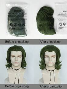 男士绿色中长款层次感卷曲波浪合成假发，适合节日、动漫展、电影角色扮演、派对及日常佩戴，耐热，外观自然，易于造型 - 墨綠色 - 查看 9