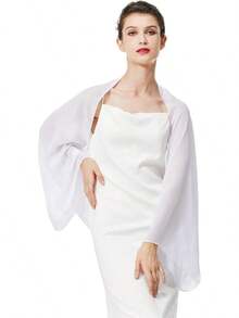 Bridal Wedding Chiffon Shawl Shrug With Arm Hole Bridesmaid Cover Up Evening Party Summer Shawl - 白色 - 查看 12