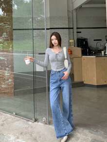 YEAE | Quần jeans ống rộng nữ có túi và cúc, kiểu dáng thường ngày, đa năng, thích hợp mặc trong mùa xuân. - Rửa nhẹ - Xem 5