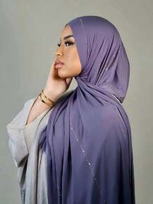1 Piece Women's Hot Diamond Plain Jersey Soft Headscarf Arabic Casual Long Scarf Conservative Solid Color Headscarf Suitable For Daily Use - 紫色 - 查看 8