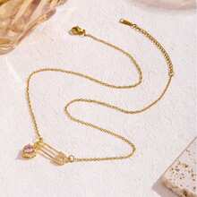 1pc Fashion Safety Pin Necklace, Pink Heart Pendant, Stainless Steel Chain, Copper Pendant Inlaid With Quality Rhinestones, Gift For Women, Daily Wear - Pin - View 2