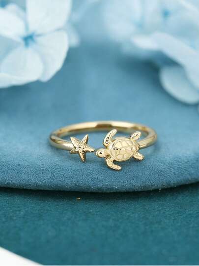 טבעת פתוחה מתכווננת אחת בצורת צב ים וכוכב ים, תכשיטים בסגנון טבעי בנושא אוקיינוס, מתאים לחופשת קיץ, מתנה לנשים (ללא קופסת מתנה)