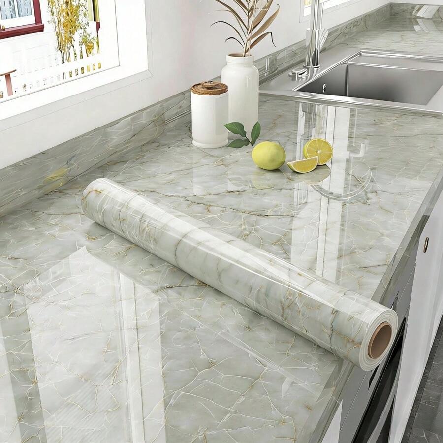 ucdfi 1 Cuộn Giấy Dán Trang Trí Phòng Ngủ Vân Đá Xanh Bóng Cho Mặt Bàn, Giấy Dán Tường Vân Đá Xanh Vàng Dễ Dán Chống Thấm Nước Cho Mặt Bàn, Tủ, Bàn Ăn, Nhãn Dán Tường Nhà Bếp - đá cẩm thạch - Xem 1