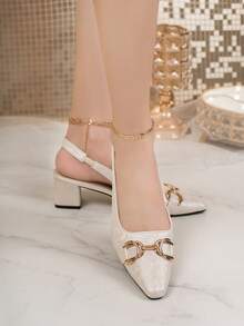 Giày sandal bít mũi thanh lịch dành cho nữ, gót trung bình, mũi nhọn, khóa kim loại, giày đi làm đa năng, giày thường ngày thoải mái. - Màu be - Xem 3