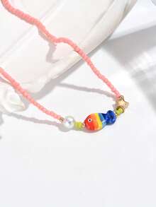 1pc Elegant & Cute Bohemian Ocean Element Ceramic Fish, Starfish, Golden Seashell, Colorful Seed Beads, Rhinestone, Golden Fish Pendant Necklace, Suitable For Beach, Party, Daily Wear, Great Gift For Graduation, School Opening Season. The Mixed Color Seed Beads May Be Different From The Official Image, Which Is A Normal Phenomenon Due To The High-Temperature Ceramic Painting Process. - Multicolor - View 18