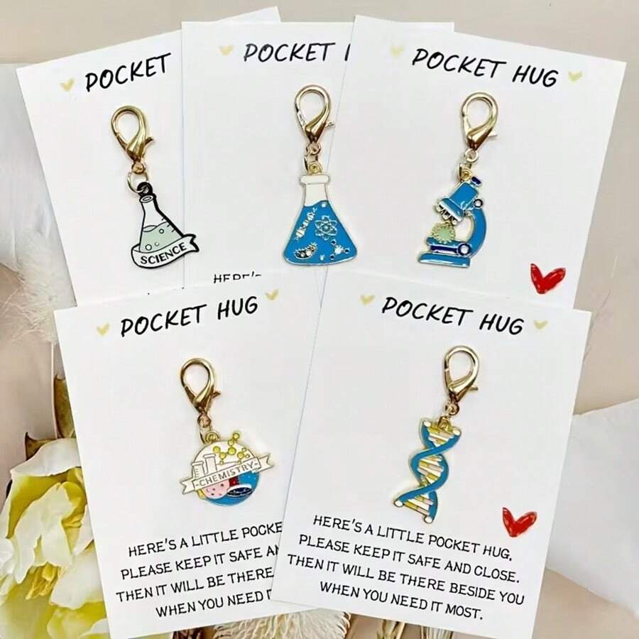 5pcs/10pcs Fashion Chemistry Theme Keychain - Zinc Alloy Science Keychain With Pocket Hug Inspirational Card, Featuring DNA Double Helix, Flask And Microscope Pendants, Ideal Gift For Science Teachers And Graduates, Perfect For Science Enthusiasts, Graduation And Teacher's Day Gifts - Multicolor - View 1