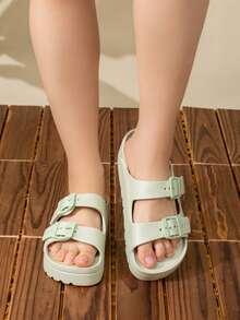 New Fashionable Women Thick Sole Slide Sandals, Non-Slip Soft Strap Outdoor Wear Durable Shock-Absorbing Comfortable Sandals - Green - View 3