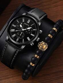 2pcs Minimalist Casual Men's Quartz Watches, Cool Business-Style Quartz Watch Set For Men, Including A Men's Watch With Black Leather Strap And Black Dial With Roman Numerals + Black Bead Spacer Lion Head Men's Bracelet. Featuring A Cool Black Contrast And Bold Lion Head Element, The Watch's Vintage Roman Numerals Exude A Calm And Business - Black - View 1