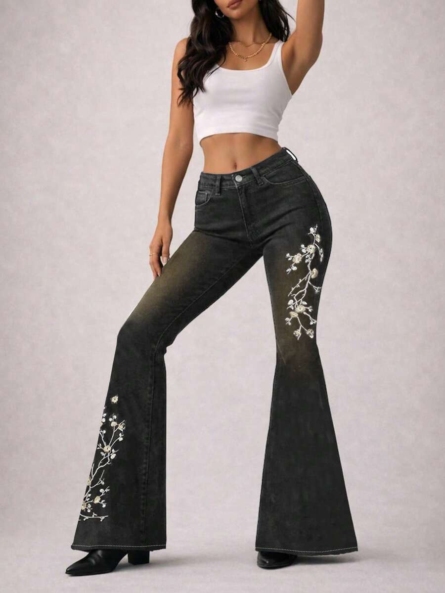 American Vintage Jeans De Mujer, High Street Girls, Slimming Bootcuts, Plant Embroidered Low-Rise Trousers, Design Sense - 黑色 - 查看 1