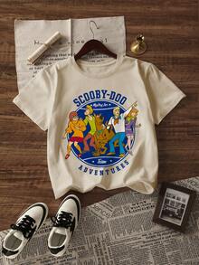 Whysmera SHEIN X SCOOBY-DOO Gender-Neutral Loose Crew Neck Short Sleeve T-Shirt, Classic Cartoon Adventure Squad Full Cast Fun Print Design - Apricot - View 3